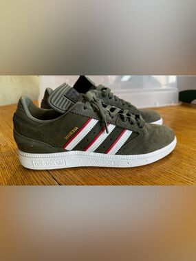 adidas Olive Suede Sneakers with White & Red Stripe Accents